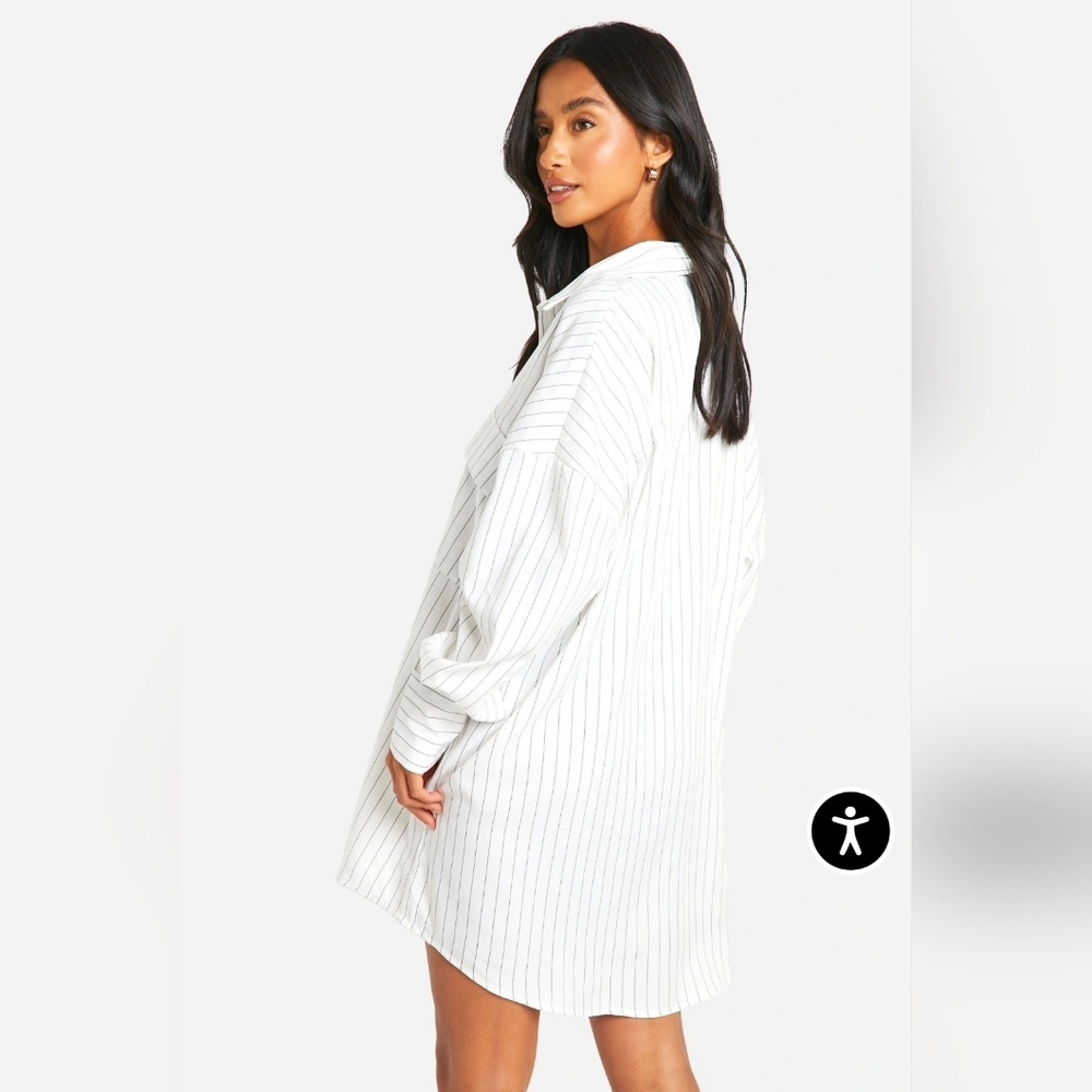 NWT Boohoo Petite Oversized White W/ Black Stripe Button Down Shirt Dress - 2P - Picture 2 of 10
